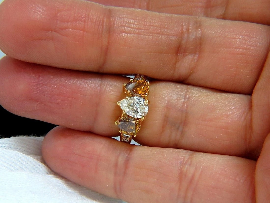Natural .78ct Pear & 1.52ct Fancy Yellow Brown Diamonds Ring 18kt 10027 - 5