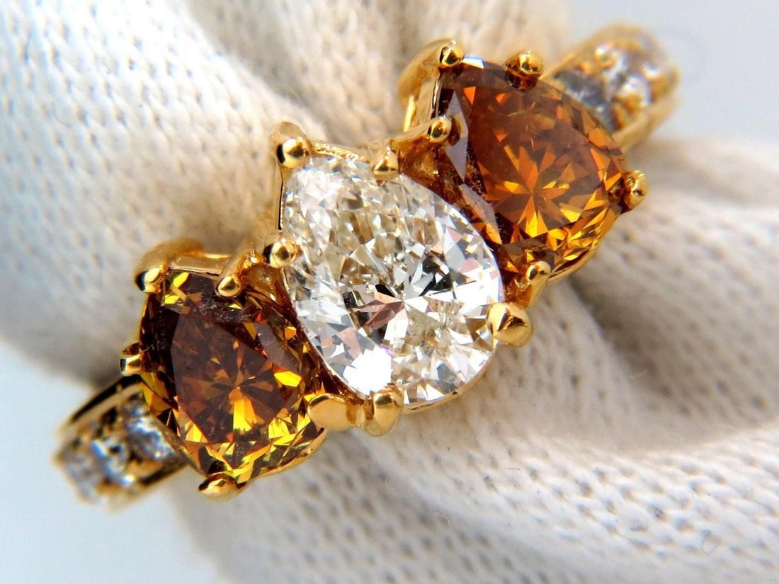 Natural .78ct Pear & 1.52ct Fancy Yellow Brown Diamonds Ring 18kt 10027 - 6