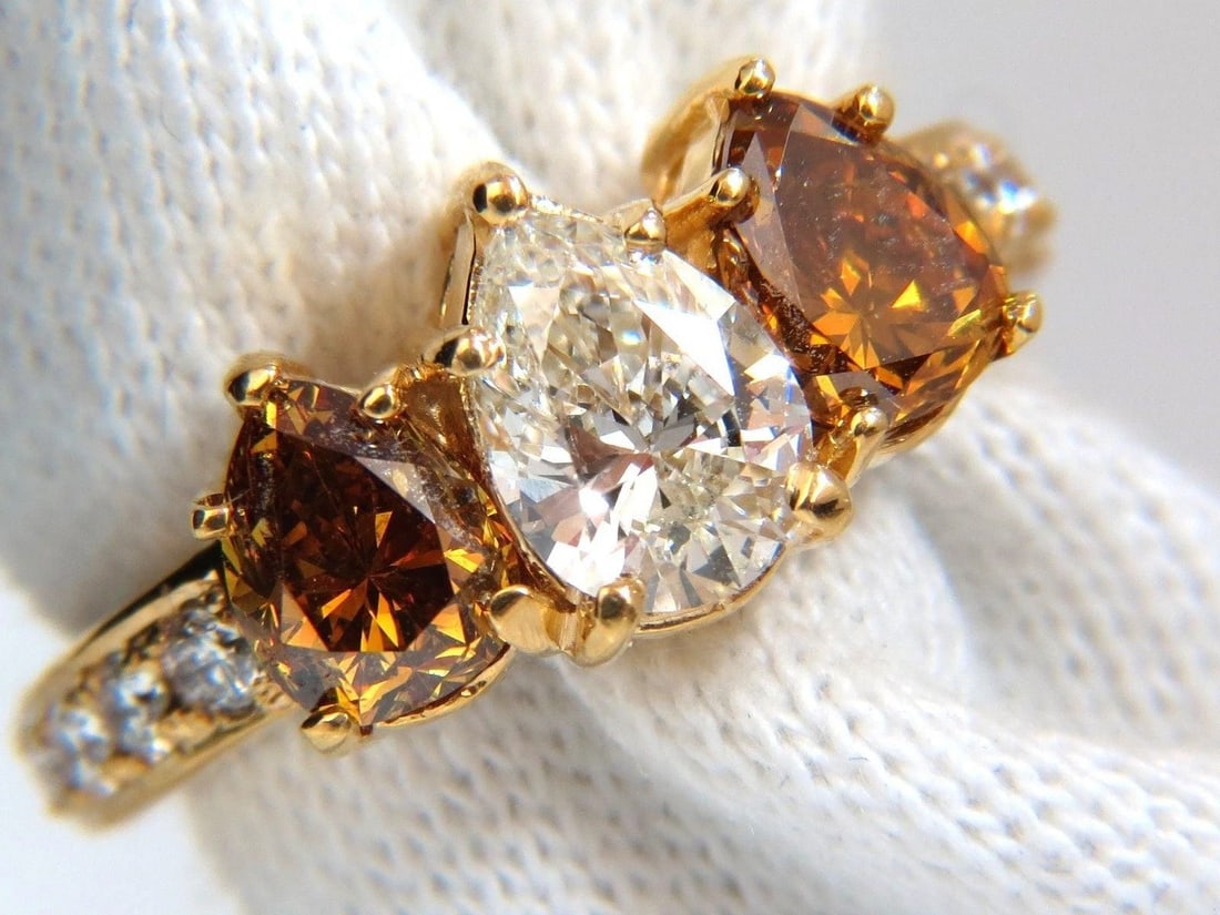 Natural .78ct Pear & 1.52ct Fancy Yellow Brown Diamonds Ring 18kt 10027 - 7