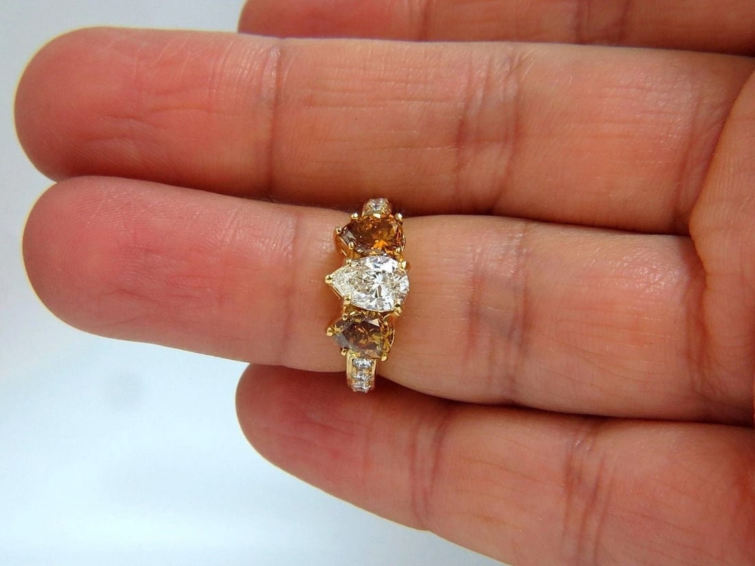 Natural .78ct Pear & 1.52ct Fancy Yellow Brown Diamonds Ring 18kt 10027 - 8