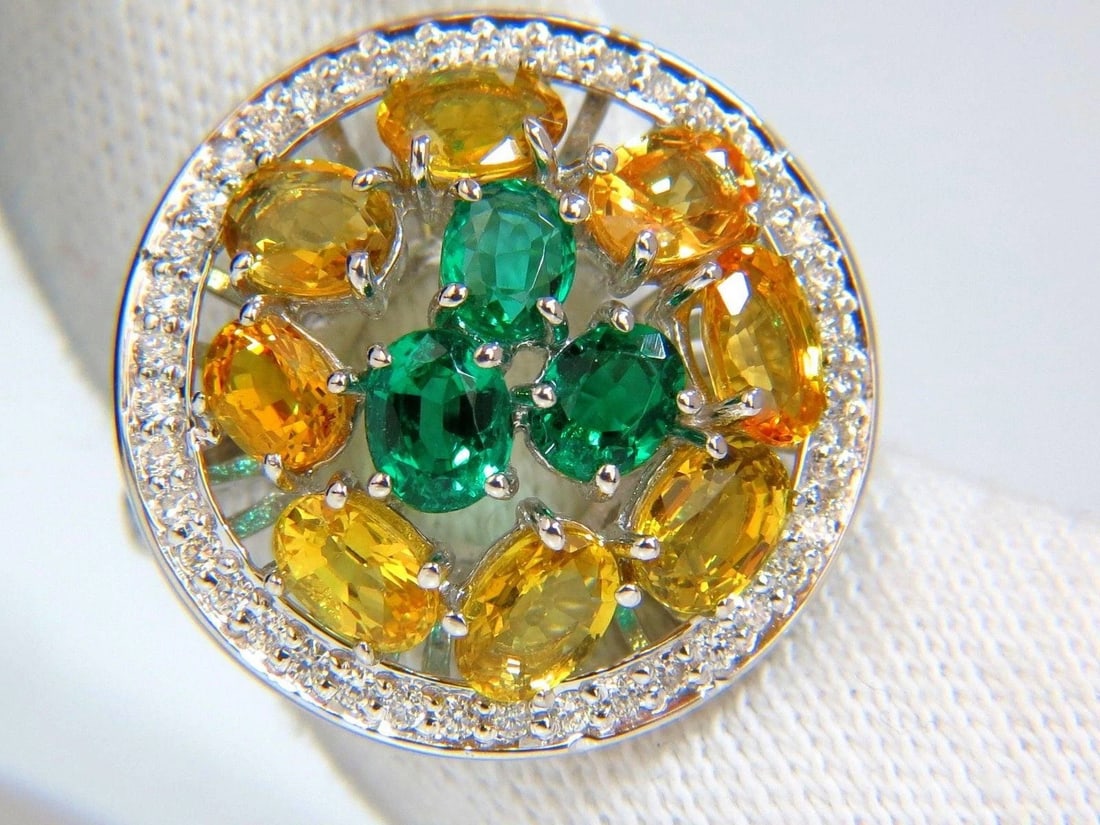 5.12CT NATURAL FANCY YELLOW SAPPHIRES VIVID GREEN EMERALDS CLUSTER RING 10003 - 7