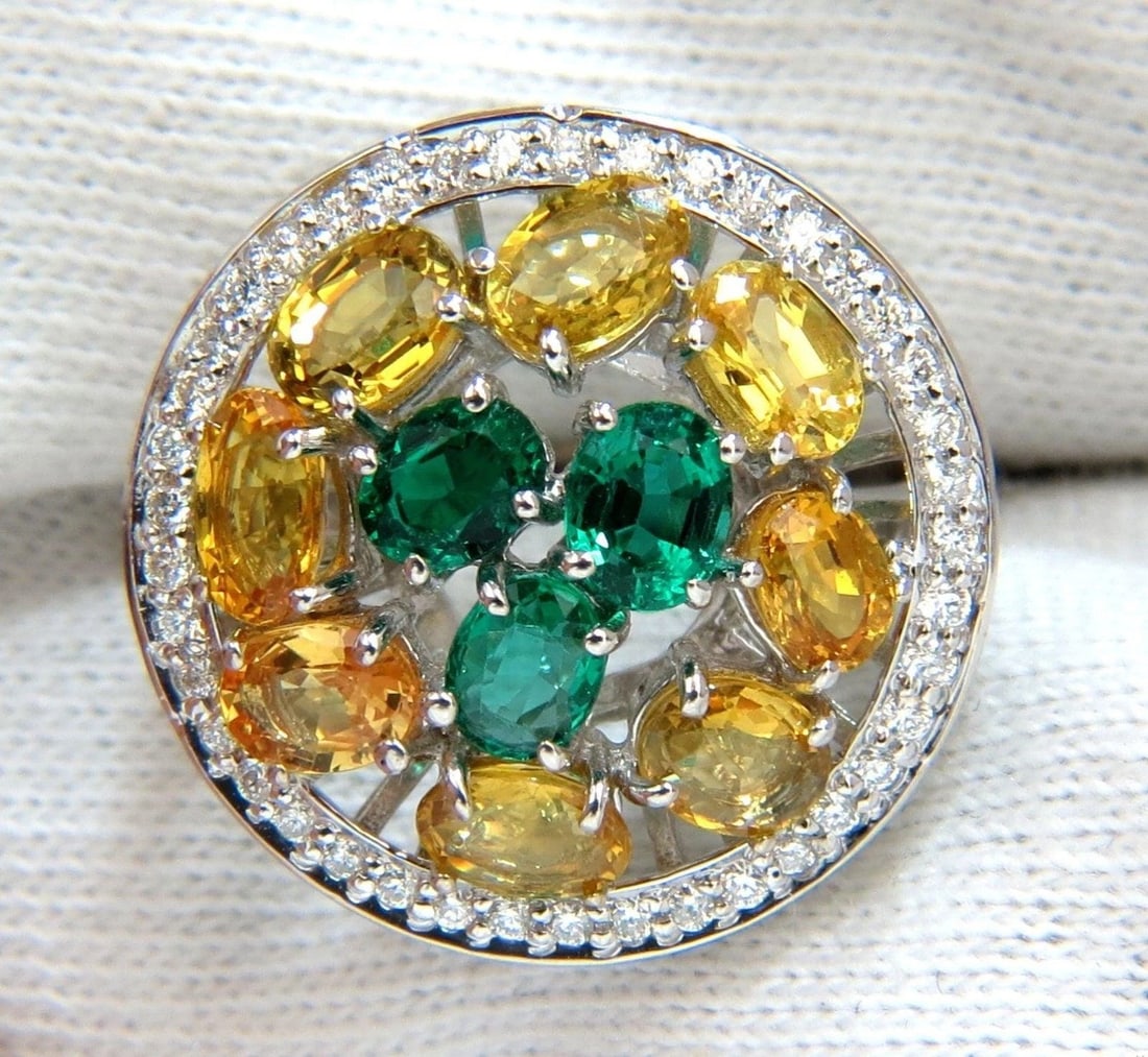5.12CT NATURAL FANCY YELLOW SAPPHIRES VIVID GREEN EMERALDS CLUSTER RING 10003 - 8