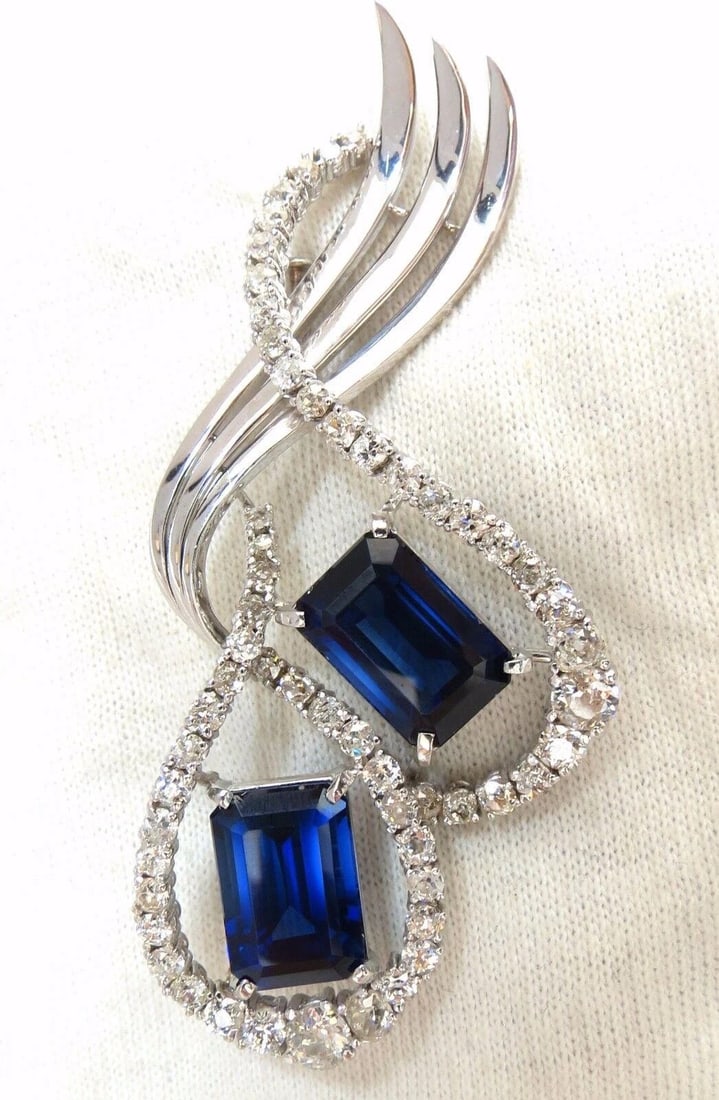25ct Royal Blue Lab Sapphire & Natural Diamonds Brooch pin Platinum 12237** - 2