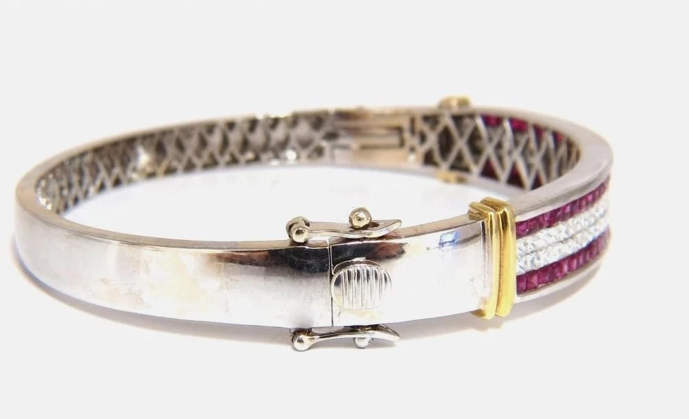 5.30ct natural princess cut ruby diamonds bangle bracelet 18kt gold 12242** - 5
