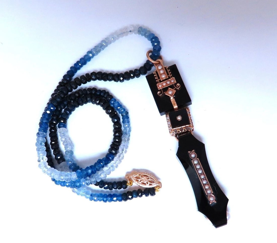 63ct natural Sapphire bead necklace 14 karat clasp Antique Onyx Drop Pendant **: Title:63ct natural Sapphire bead necklace 14 karat clasp Antique Onyx Drop Pendant ** Description:63ct natural Sapphire bead necklace 14 karat clasp Antique Onyx Drop Pendant $1,200.00 PRODUCT DESCRIP