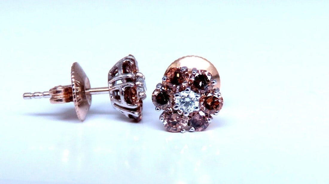 1.30ct. natural round diamond cluster earrings 14 karat Fancy Browns** - 5