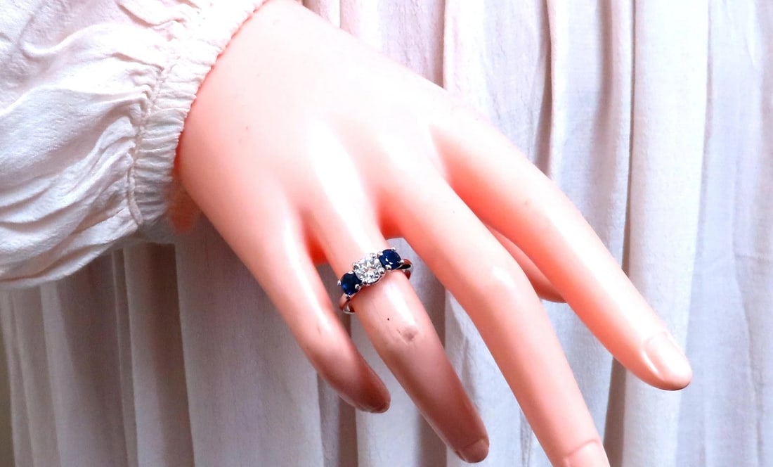 GIA Certified .82ct Natural Diamond Sapphire Three Stone Ring 14kt 54417 - 5