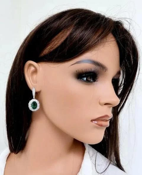 8.35ct Natural Oval Emeralds Diamond Dangle Earrings 18kt Halo Cluster 12643** - 5