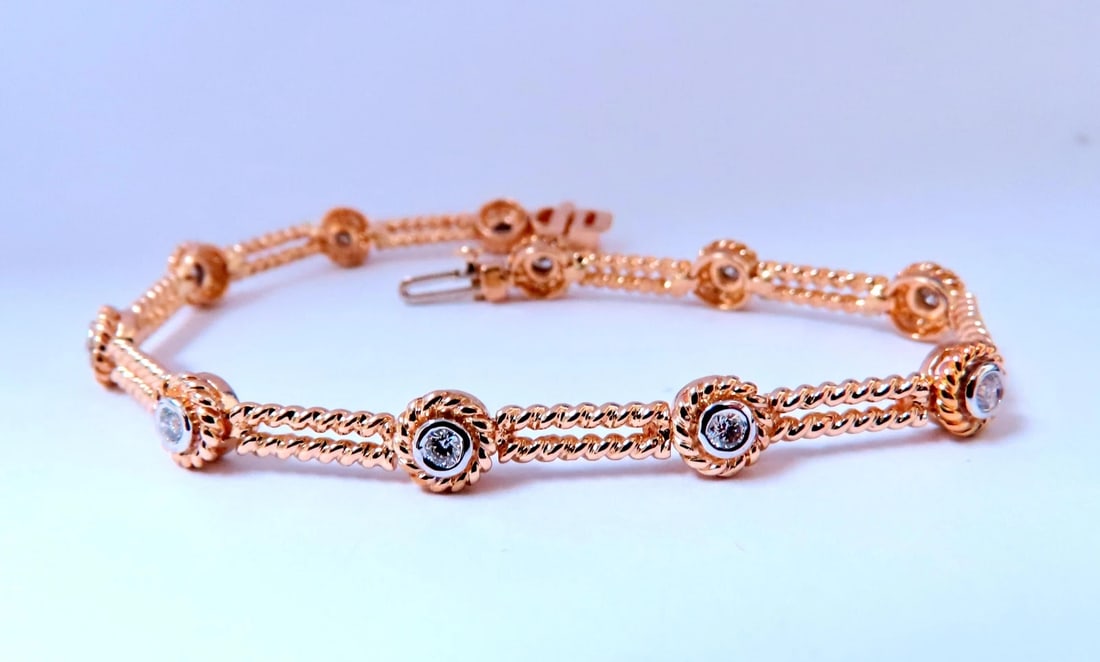 Barley Rope Twist Natural Round Diamonds Link Bracelet 14kt Gold 12636** - 2