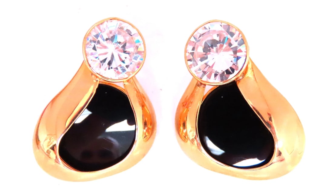 Carved Jet Black Onyx Stud Earrings 14kt Gold 12626 White Stone** - 2