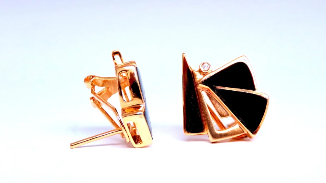 Step Tier Art Deco Style Onyx Clip Earrings 14kt Gold 12623** - 3