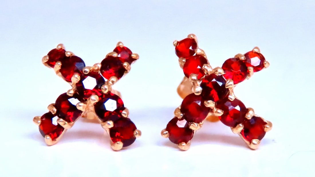 Natural Round Garnet ''x'' Studs Earrings 14kt Gold 12607** - 2