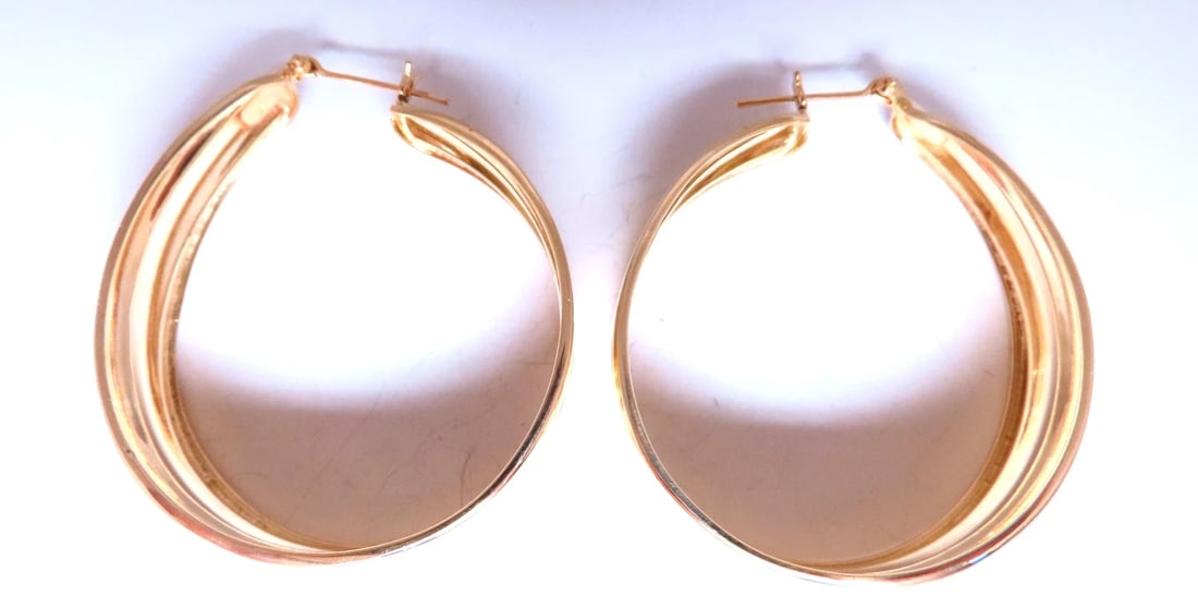 Wide High Shine Tributed Hoop Earrings 14kt Gold 12587** - 4