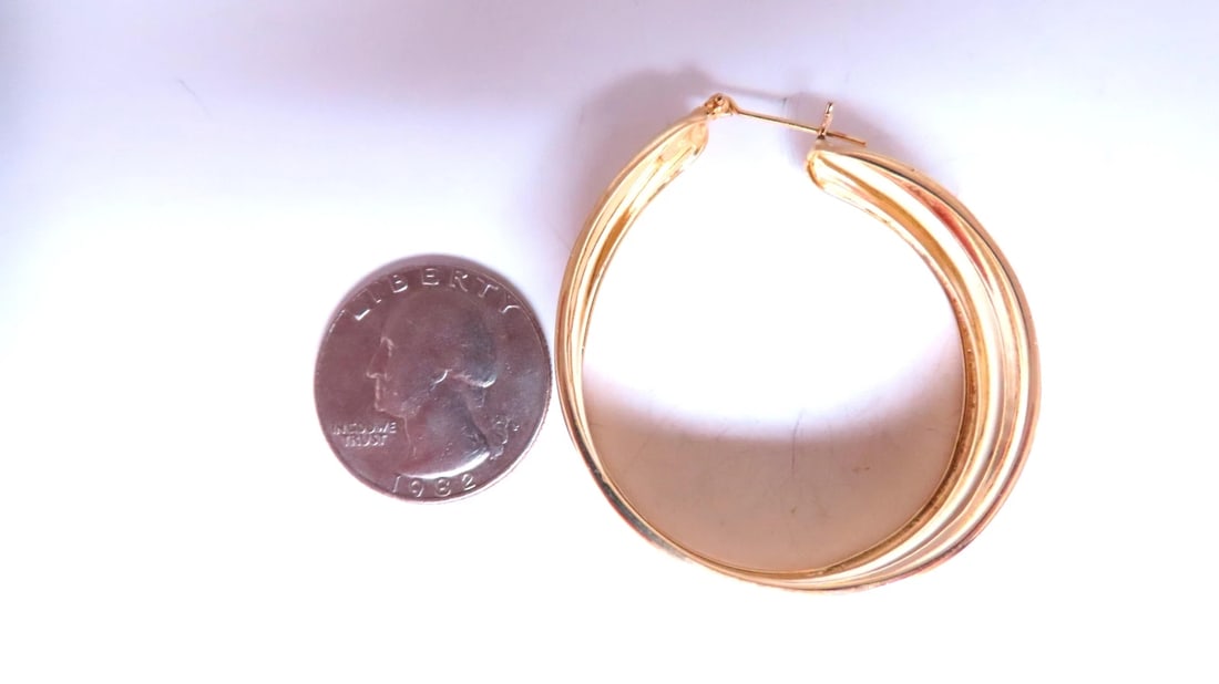 Wide High Shine Tributed Hoop Earrings 14kt Gold 12587** - 5