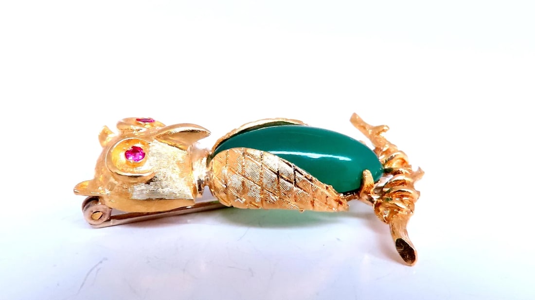 Owl Jade Ruby Figurine 3D Brooch Pin 18kt gold 12554** - 5