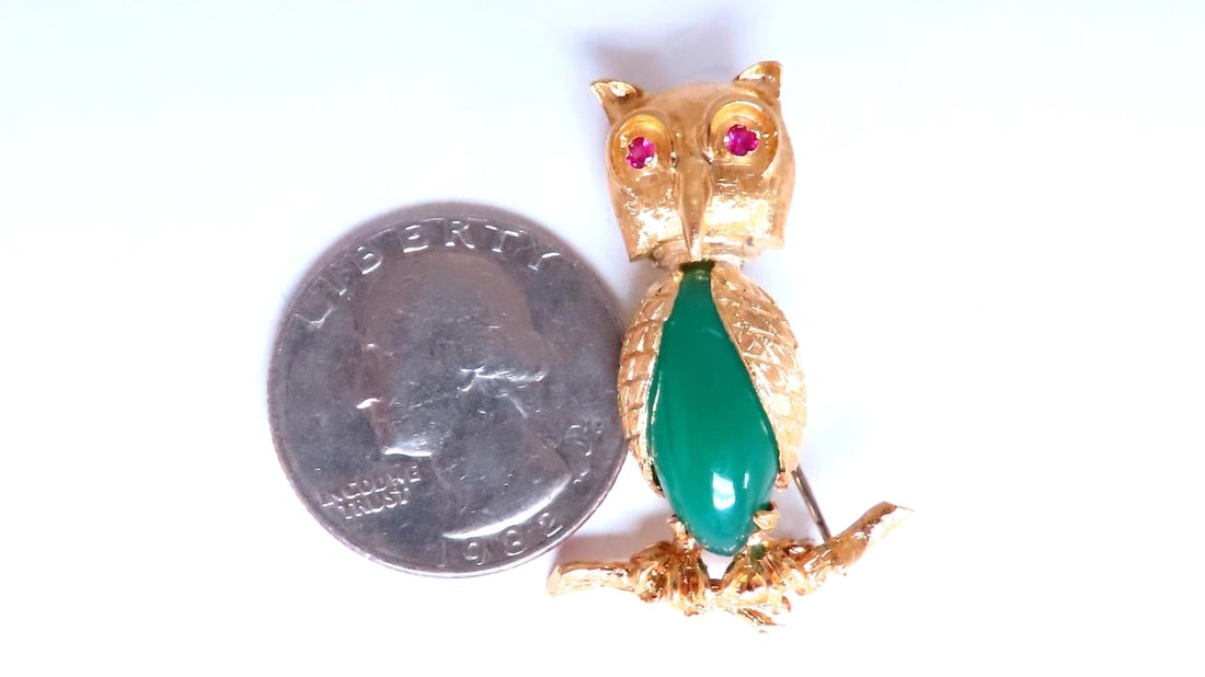 Owl Jade Ruby Figurine 3D Brooch Pin 18kt gold 12554** - 7