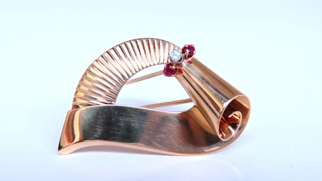 Regency Deco Ruby Diamond Swirl Brooch Pin 14kt 12533** - 3