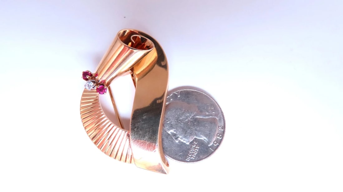 Regency Deco Ruby Diamond Swirl Brooch Pin 14kt 12533** - 6