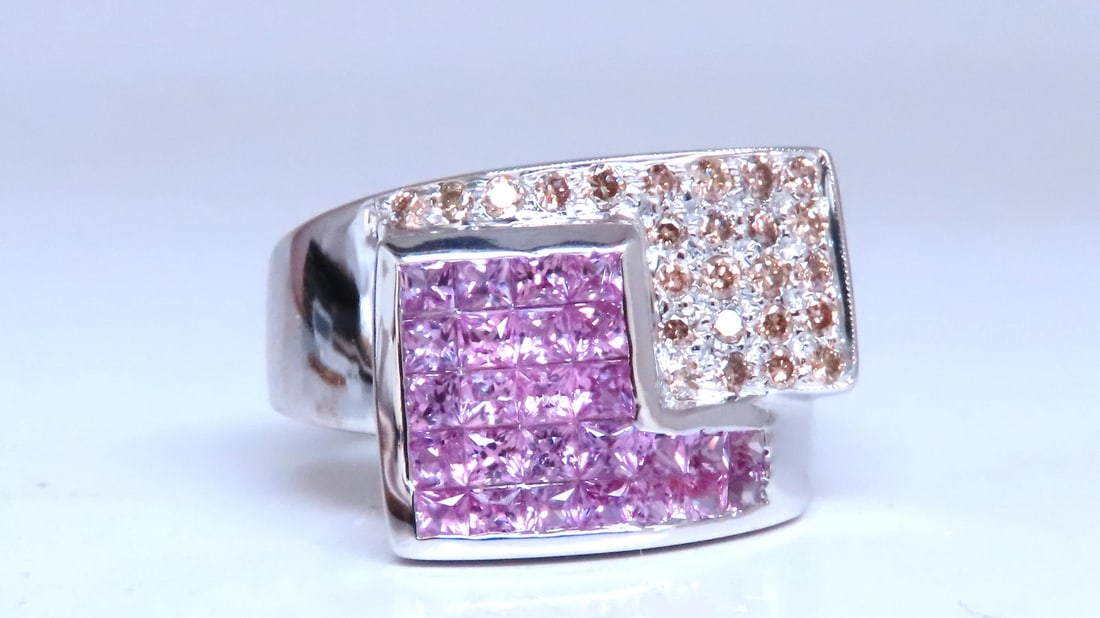 Natural Pink Sapphires Diamonds Geometric Band 14kt Gold 12441 - 3