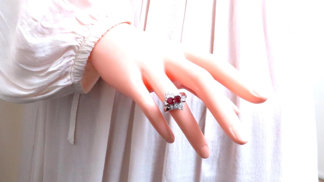 1.10ct Natural Ruby Diamonds Crossover Deco Ring 14kt Gold 12439** - 4