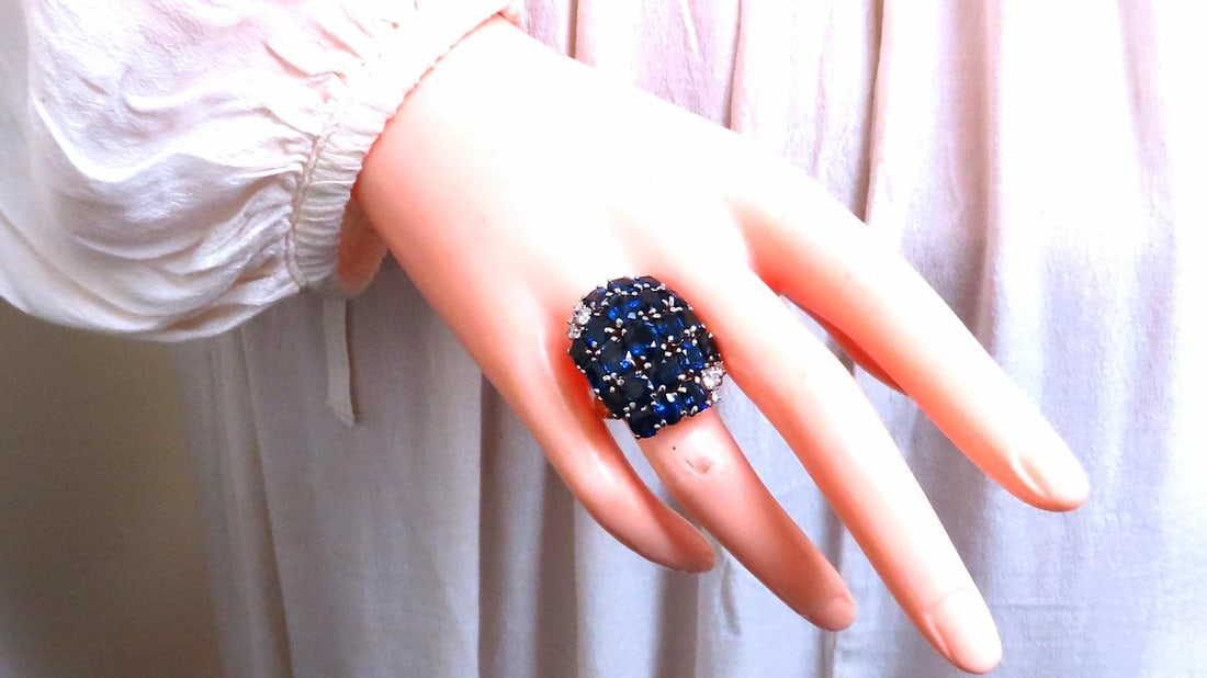Natural Sapphire Diamonds Cluster Dome Ring Vintage Revisit Prime 14Kt 12438 - 8