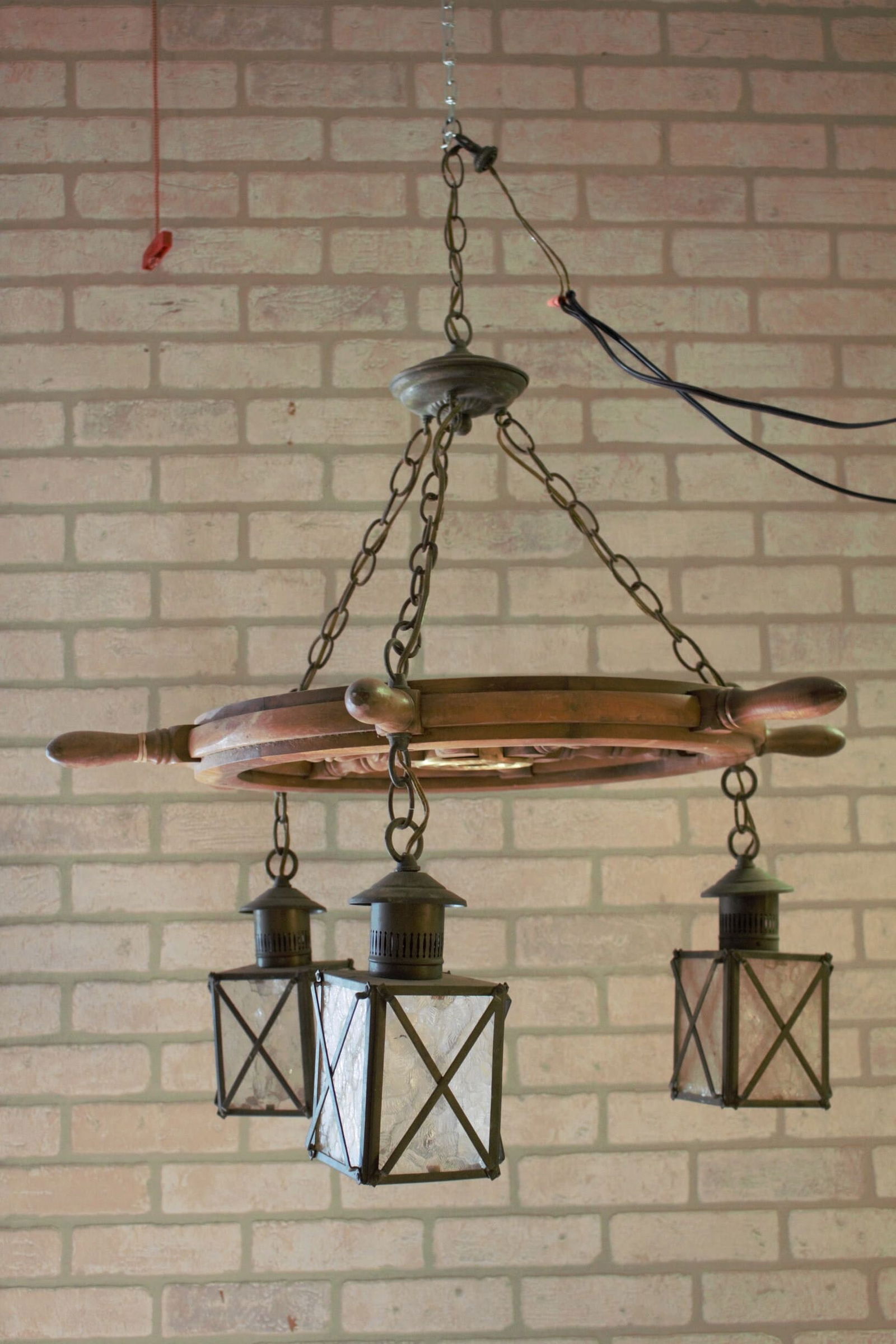 Vintage Nautical Ship Wheel Chandelier with Three Lanterns - 2