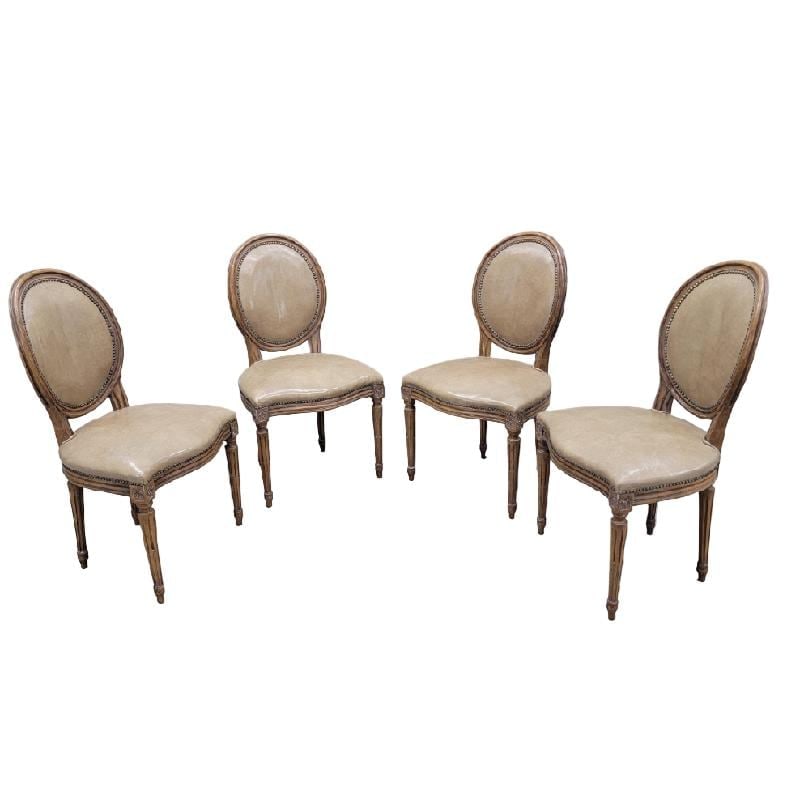Vintage French Provincial Style Medallion Back Chairs By Baker - 4: Title: Vintage French Provincial Style Medallion Back Chairs By Baker - 4 Description: Vintage French Provincial Style Medallion Back Chairs By Baker Furniture in Beige Leather - Set of 4 This set of