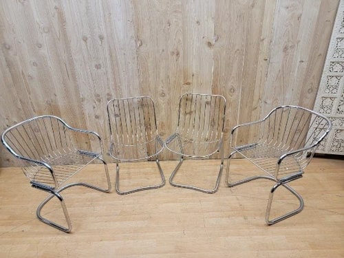 MCM Mod Cantilever Dining Chairs by Gastone Rinaldi - 4: Title: MCM Mod Cantilever Dining Chairs by Gastone Rinaldi - 4 Description: Mid Century Modern Chrome Tubular Mod Cantilever Dining Chairs by Gastone Rinaldi for Rima - Set of 4 This gorgeous Mid