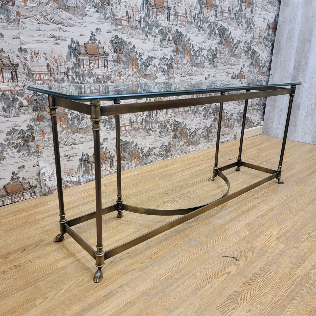 Hollywood Regency Maison Jansen LaBarge Style Brass Glass Top Console Table - 3
