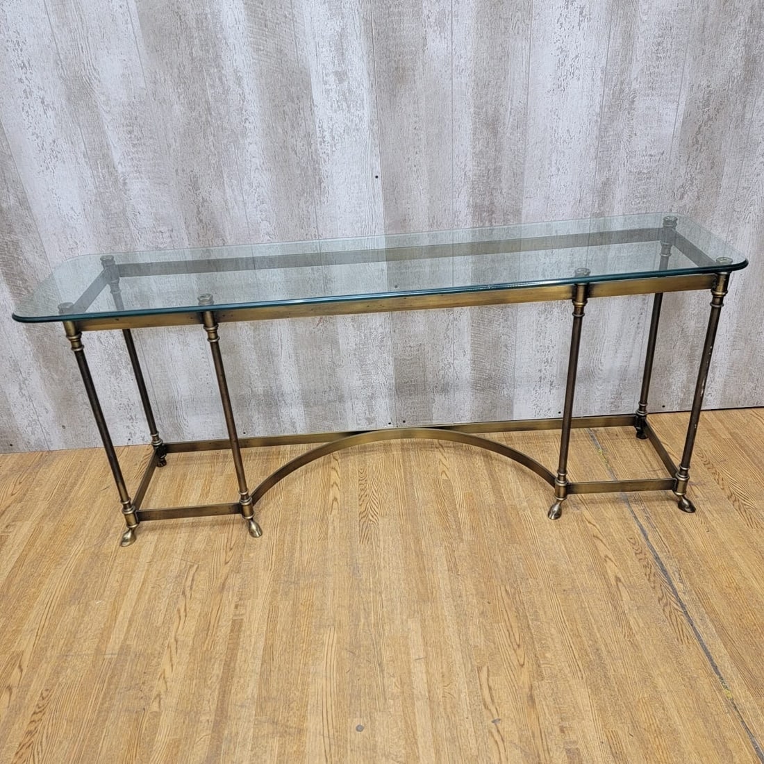 Hollywood Regency Maison Jansen LaBarge Style Brass Glass Top Console Table - 6