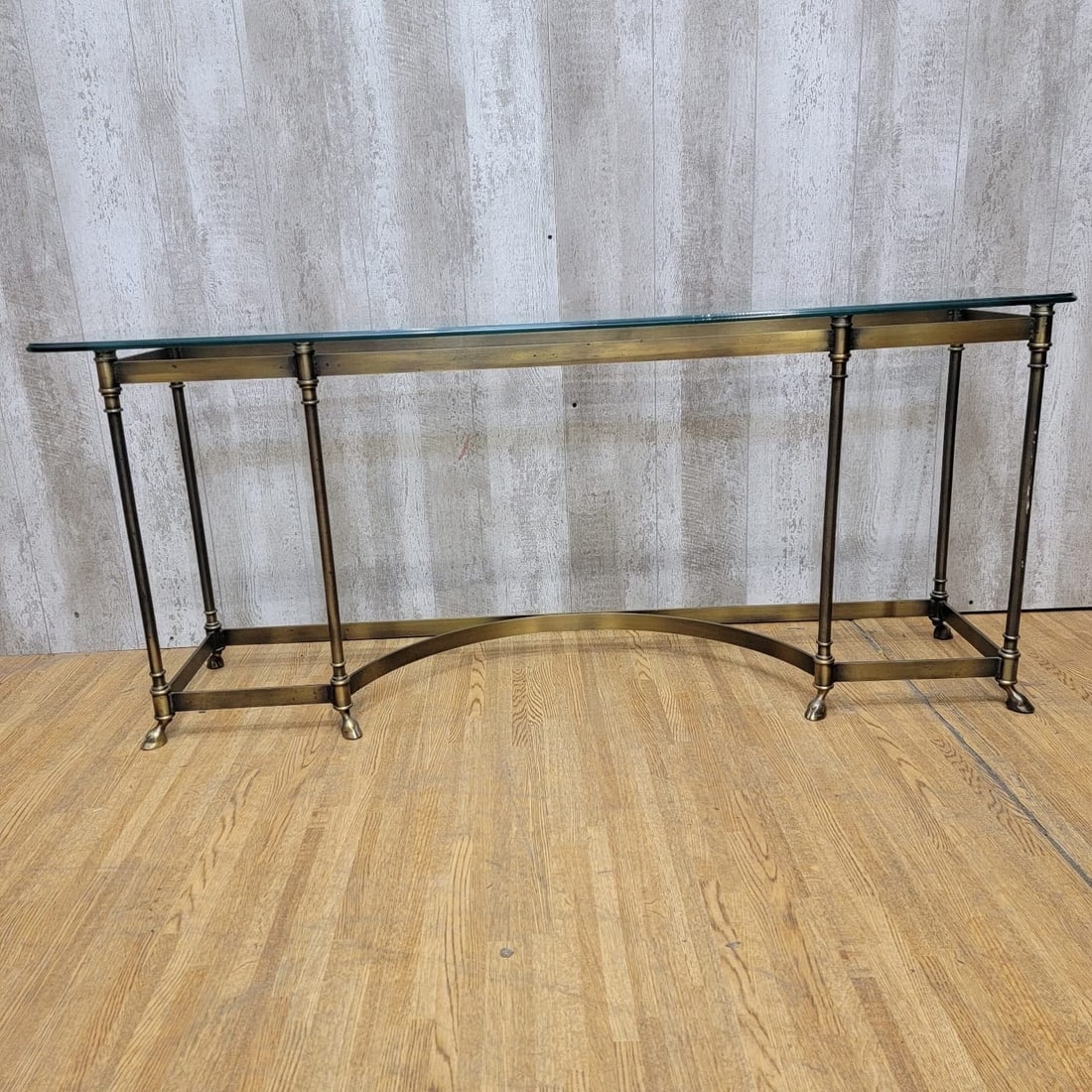 Hollywood Regency Maison Jansen LaBarge Style Brass Glass Top Console Table - 9