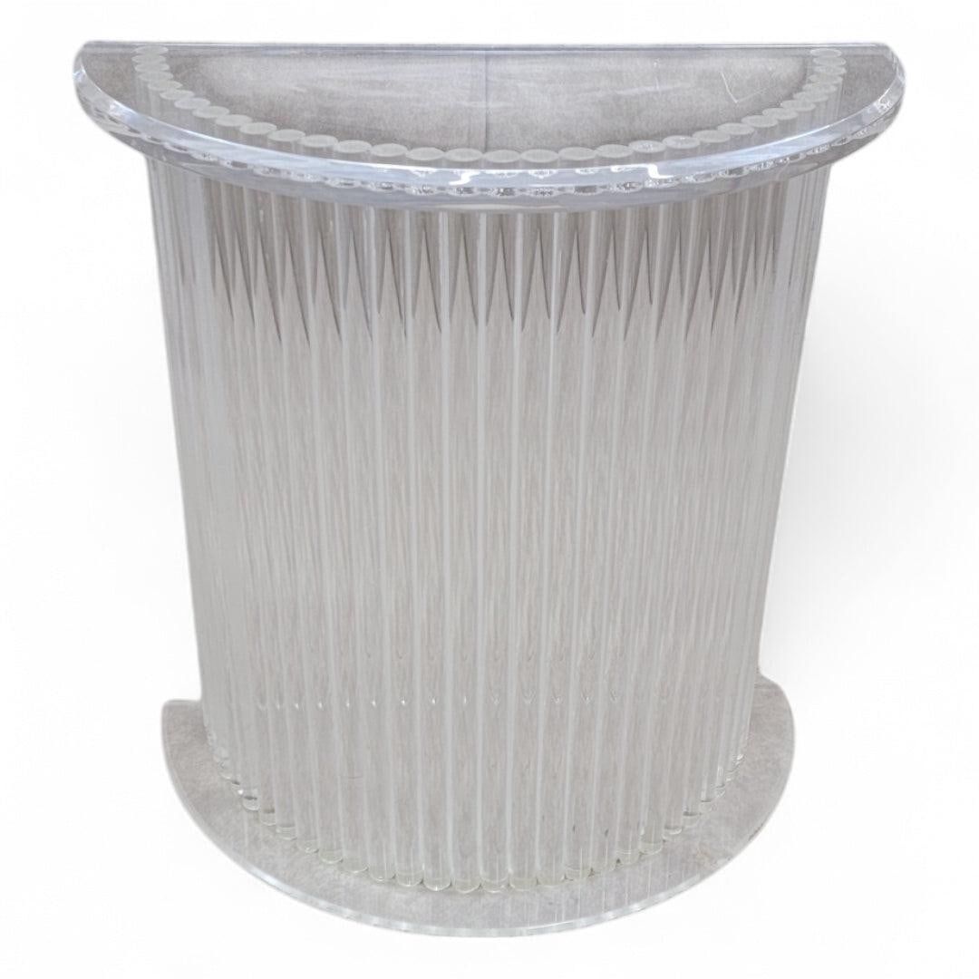 MCM Custom Lucite Cylinder Demilune Pedestal Table: Title: MCM Custom Lucite Cylinder Demilune Pedestal Table Description: Mid Century Modern Custom Lucite Cylinder Demilune Pedestal/Console The Mid Century Modern Custom Lucite Cylinder Demilune