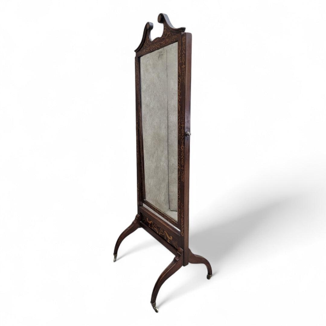 Antique Victorian Inlaid Castered Cheval Mirror - 2