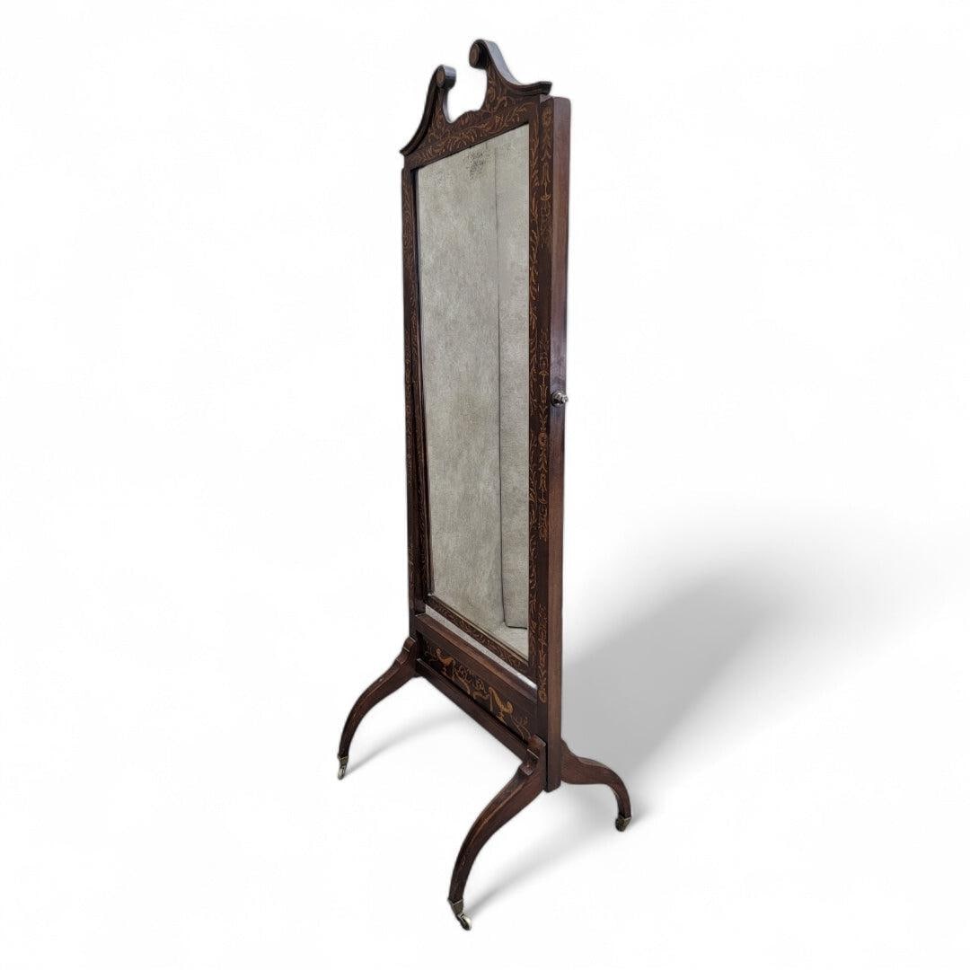 Antique Victorian Inlaid Castered Cheval Mirror - 3