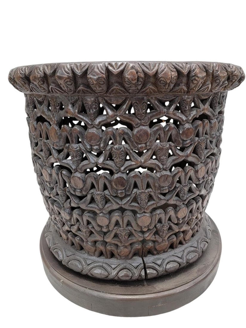 Vintage Cameroon African Carved Wood Bamileke Figural Center Table - 2