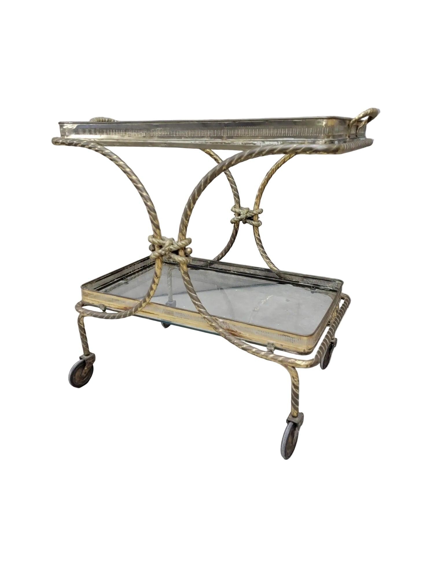 Mid Century French Bagues Style Brass Rope Bar Cart - 2