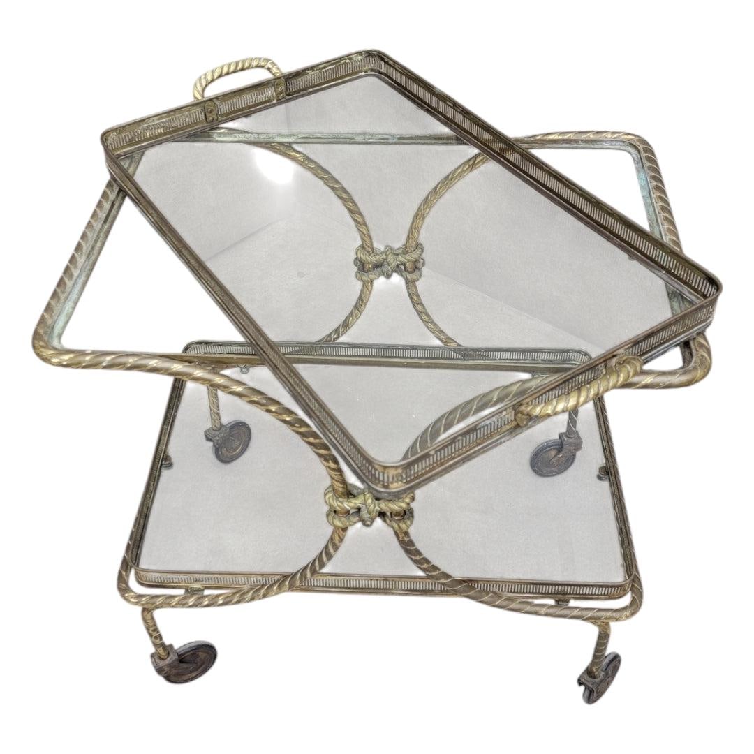 Mid Century French Bagues Style Brass Rope Bar Cart - 5
