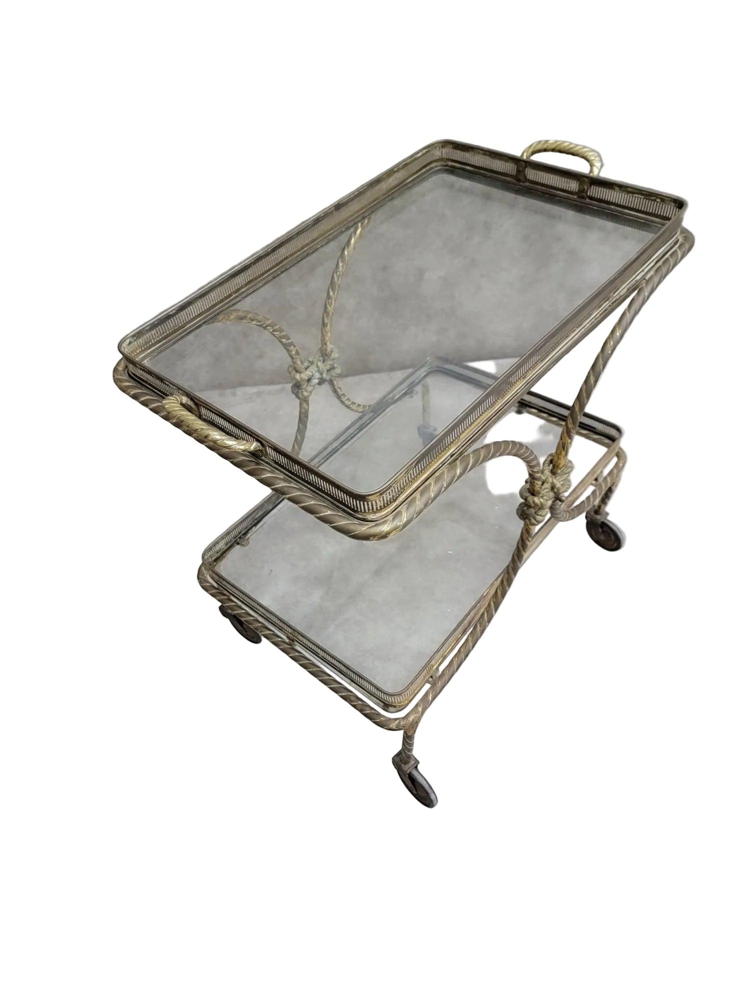 Mid Century French Bagues Style Brass Rope Bar Cart - 6