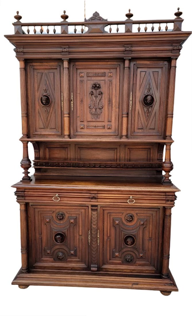 Antique French Gothic Figural Carved Chateau Buffet Sideboard Cabinet - 2