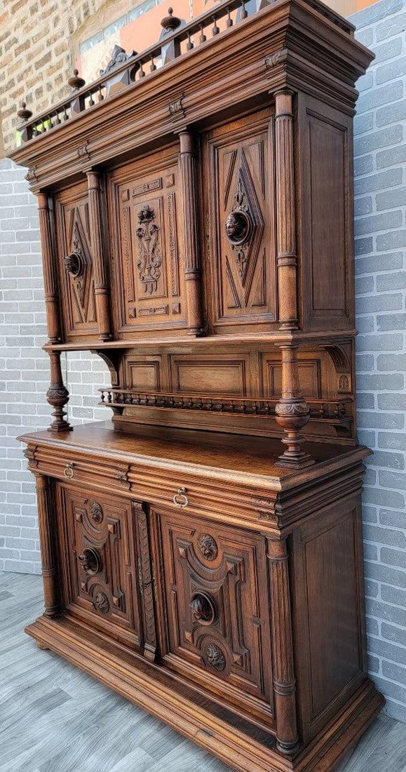 Antique French Gothic Figural Carved Chateau Buffet Sideboard Cabinet - 4