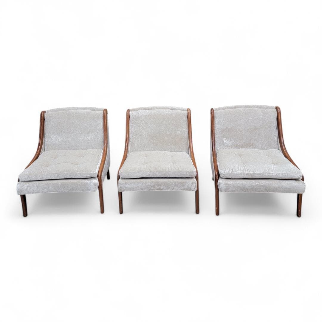 MCM Ben Seibel Slipper Chairs Newly Reupholstered - 3: Title: MCM Ben Seibel Slipper Chairs Newly Reupholstered - 3 Description: Mid Century Modern Ben Seibel Slipper Chairs Newly Upholstered in Velvet - 3 Piece Set This three-piece set of Mid Century Mod