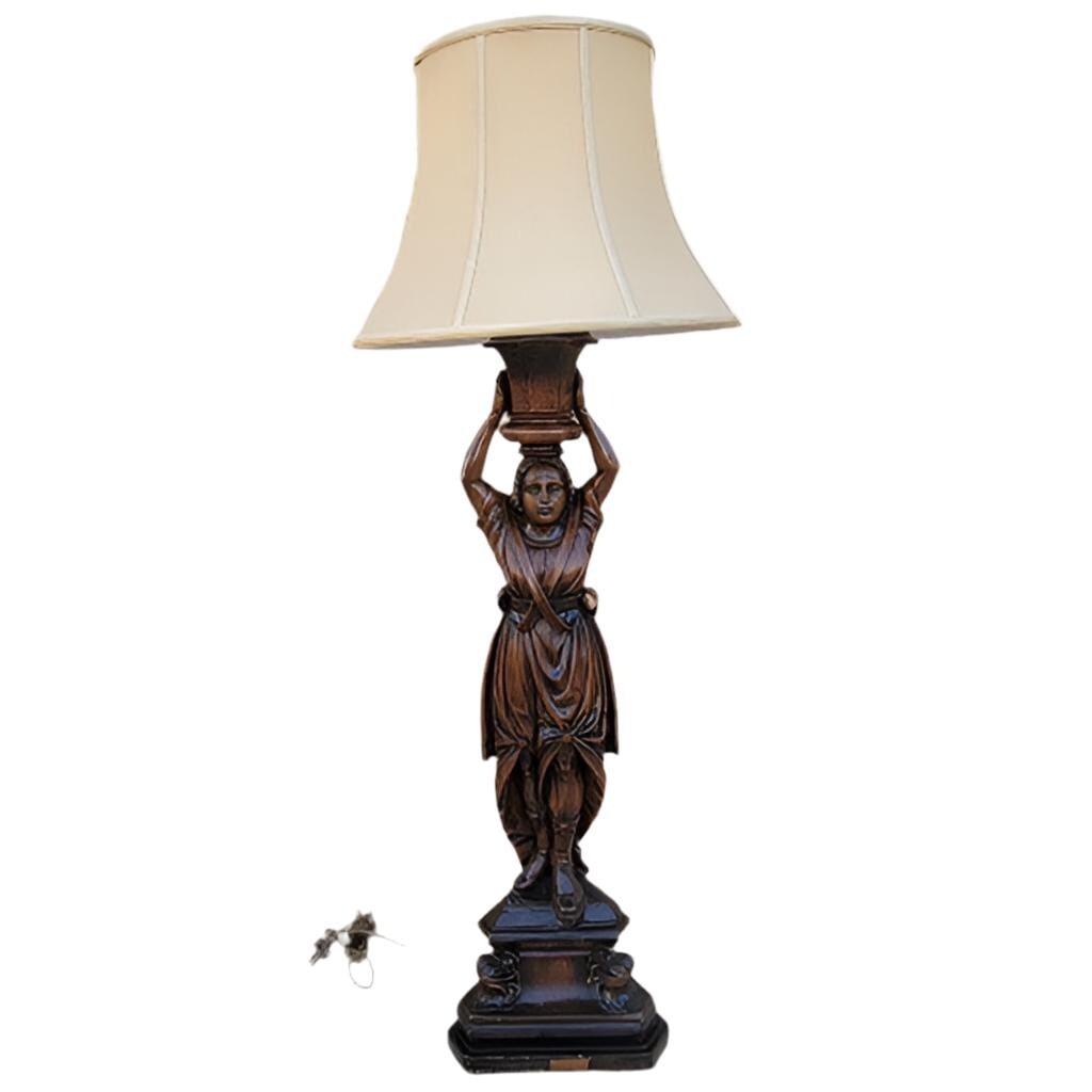 Antique Carved Walnut Figural Lamp with Shade - 10