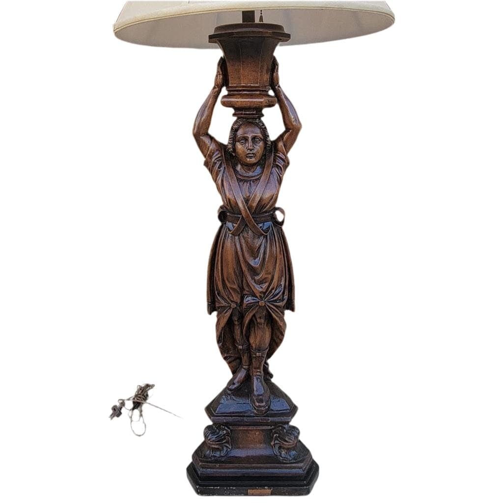 Antique Carved Walnut Figural Lamp with Shade - 4