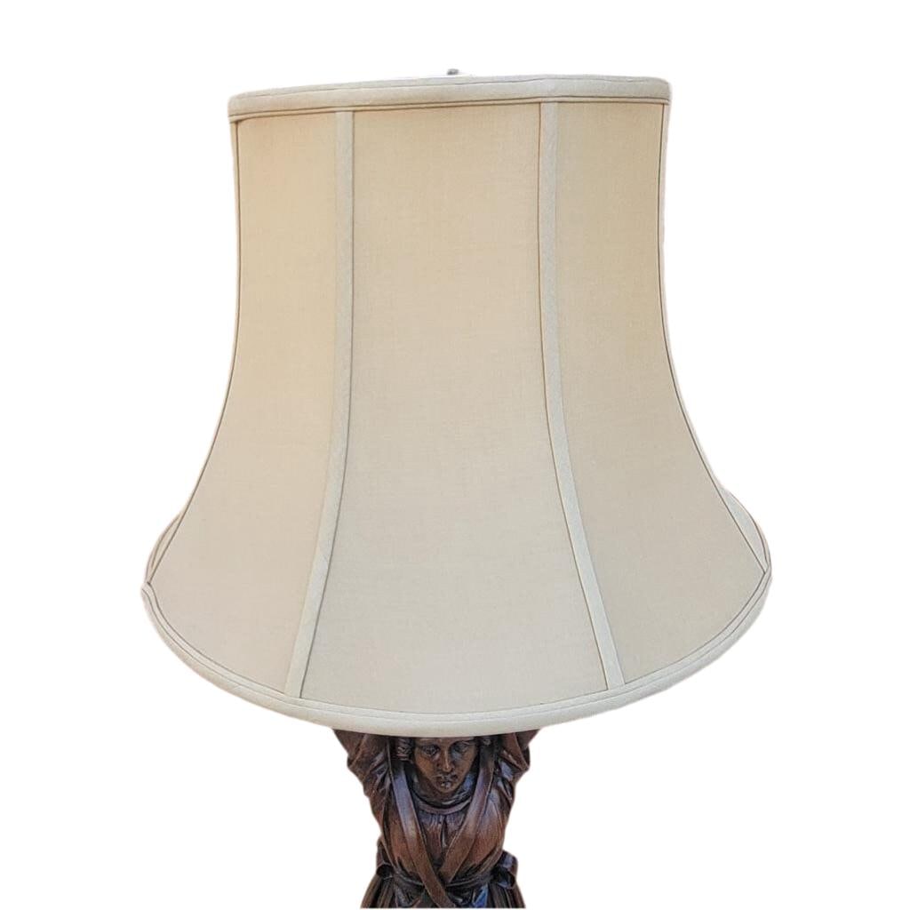 Antique Carved Walnut Figural Lamp with Shade - 5