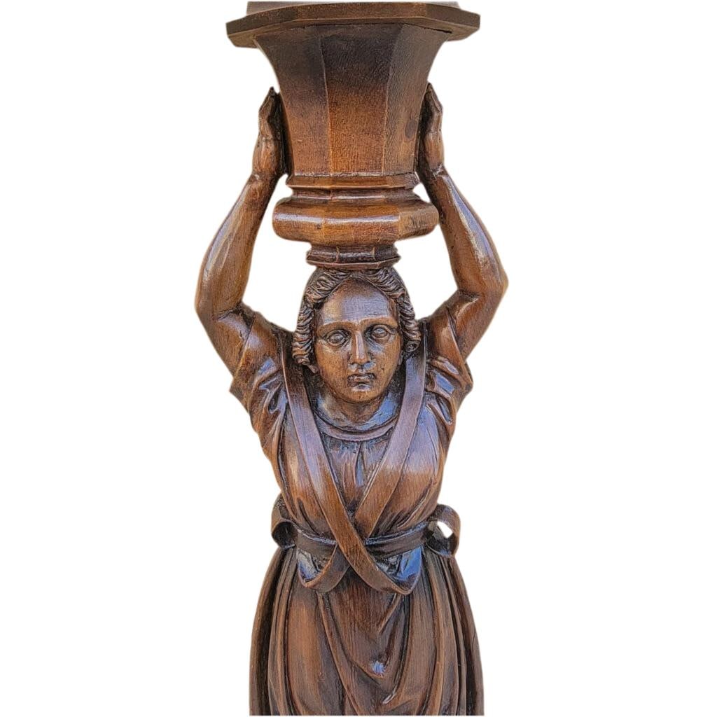 Antique Carved Walnut Figural Lamp with Shade - 7