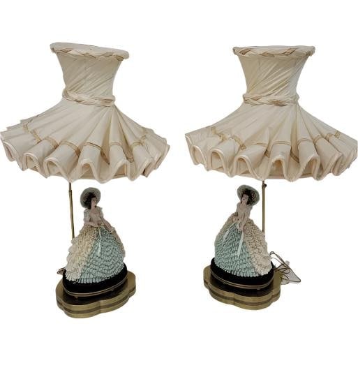 Antique Victorian Dresden Boudoir Lamps - Pair: Title: Antique Victorian Dresden Boudoir Lamps - Pair Description: Antique Victorian Dresden Porcelain Lace Lady Boudoir Lamps - Pair Stunningly Elegant Pair of Antique Provincial Dresden Lace