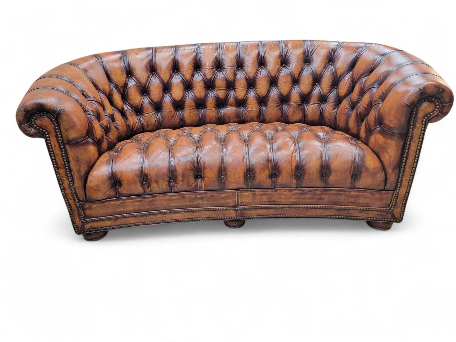Vintage English Tufted Distressed Cognac Leather Chesterfield Sofa - Pair - 10