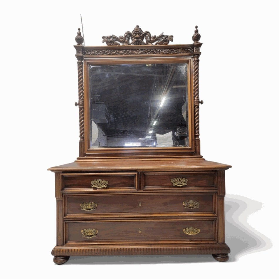 Antique Neoclassical Carved Northwind Face Topped Barley-Twist Beveled Mirror Topped Dresser (1 of 7)