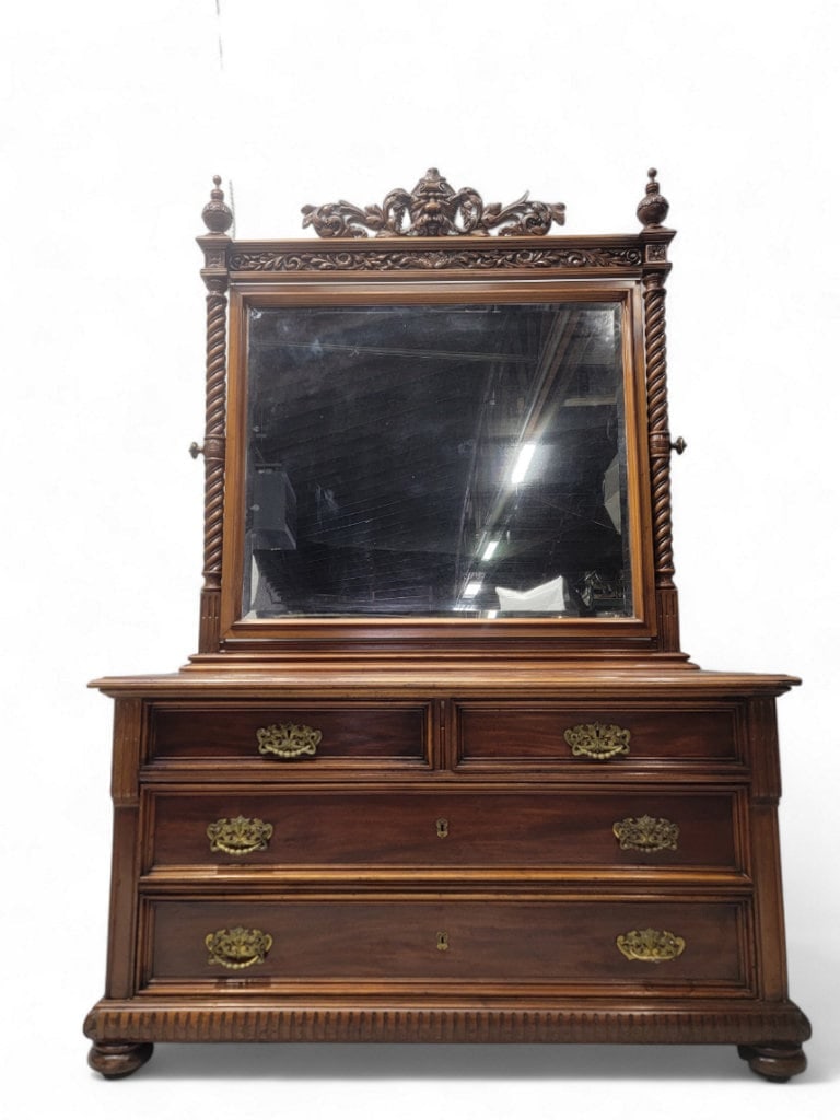 Antique Neoclassical Carved Northwind Face Topped Barley-Twist Beveled Mirror Topped Dresser - 2