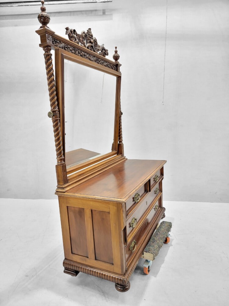 Antique Neoclassical Carved Northwind Face Topped Barley-Twist Beveled Mirror Topped Dresser - 3